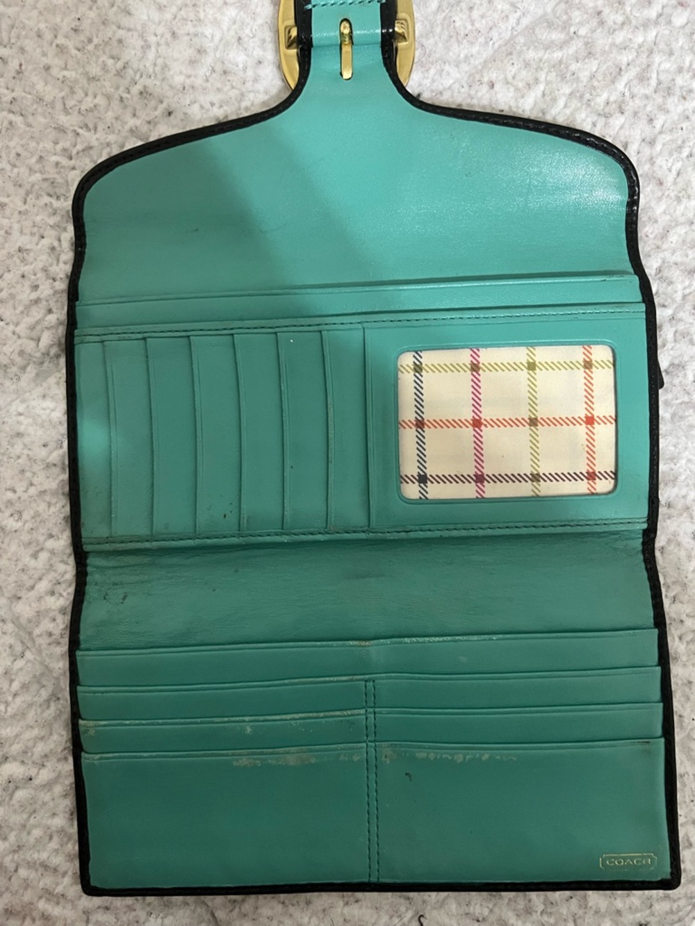 Coach Brown Signature Canvas Wallet with Black Trim and Gold Buckle - Picture 5 of 15
